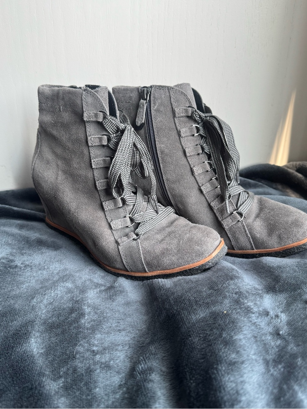 Earth Gray Suede Lace-Up Wedge Ankle Boots